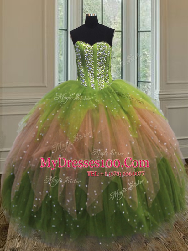 Sequins Floor Length Ball Gowns Sleeveless Multi-color Sweet 16 Dress Lace Up