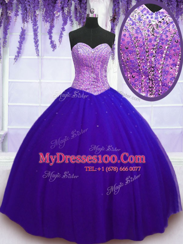 Deluxe Blue Tulle Lace Up Sweetheart Sleeveless Floor Length 15th Birthday Dress Beading
