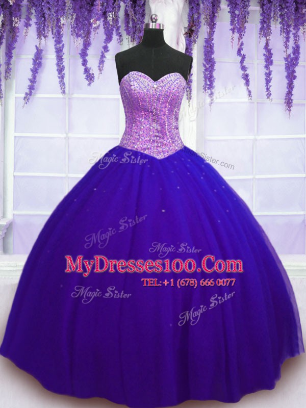 Deluxe Blue Tulle Lace Up Sweetheart Sleeveless Floor Length 15th Birthday Dress Beading