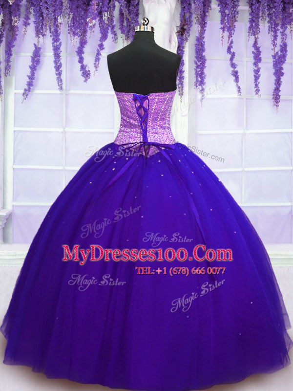 Deluxe Blue Tulle Lace Up Sweetheart Sleeveless Floor Length 15th Birthday Dress Beading