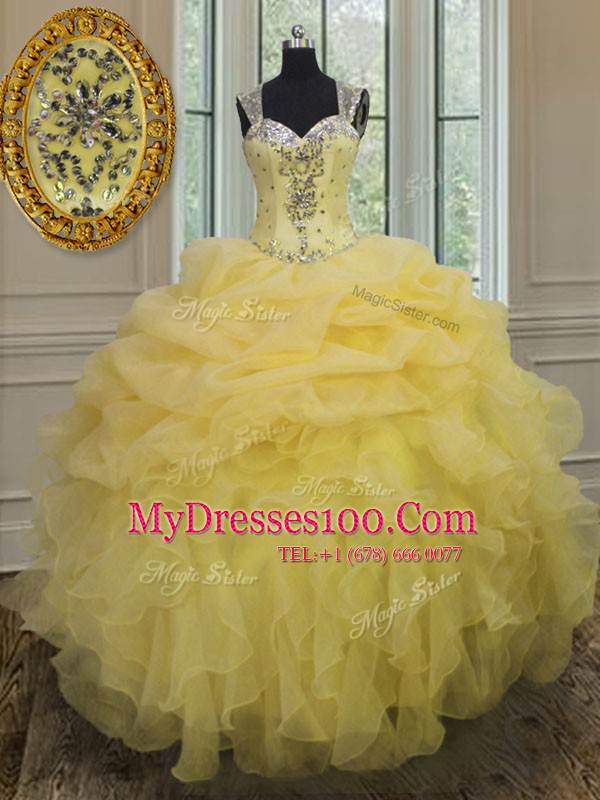 Glittering Straps Organza Sleeveless Floor Length Ball Gown Prom Dress and Beading and Ruffles