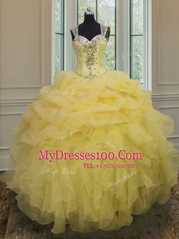 Glittering Straps Organza Sleeveless Floor Length Ball Gown Prom Dress and Beading and Ruffles