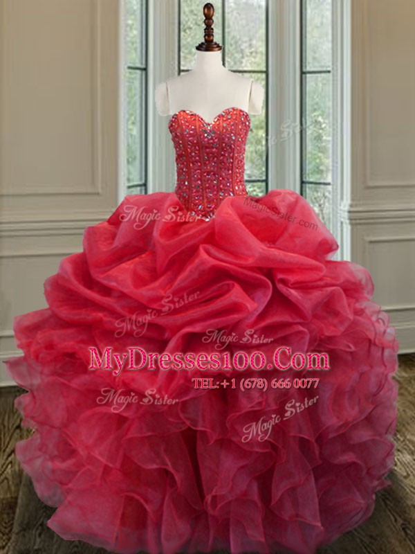 Top Selling Coral Red Organza Lace Up Sweet 16 Dress Sleeveless Floor Length Beading and Ruffles