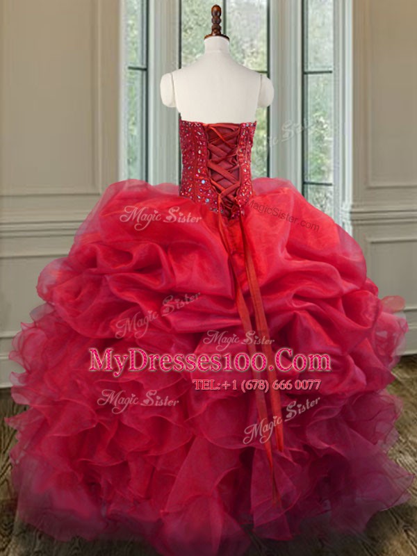Top Selling Coral Red Organza Lace Up Sweet 16 Dress Sleeveless Floor Length Beading and Ruffles
