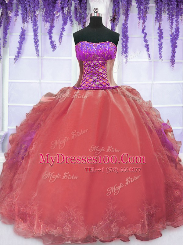 Deluxe Organza Strapless Sleeveless Lace Up Embroidery and Ruffles Vestidos de Quinceanera in Watermelon Red