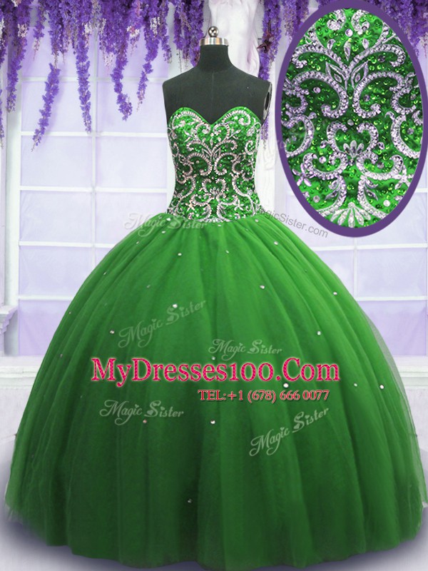 Wonderful Floor Length Green Sweet 16 Quinceanera Dress Tulle Sleeveless Beading