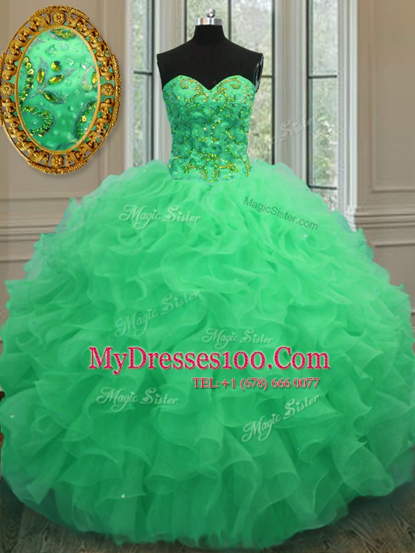 Latest Floor Length Lace Up Sweet 16 Dresses Green for Military Ball and Sweet 16 and Quinceanera with Beading and Ruffles