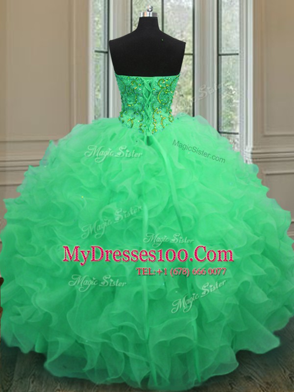 Latest Floor Length Lace Up Sweet 16 Dresses Green for Military Ball and Sweet 16 and Quinceanera with Beading and Ruffles