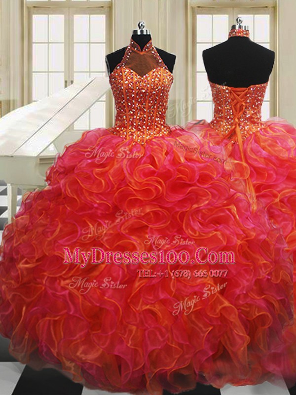 Exquisite Halter Top Multi-color Sleeveless Organza Lace Up Sweet 16 Dress for Military Ball and Sweet 16 and Quinceanera