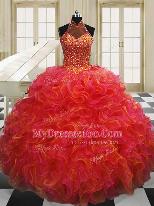 Exquisite Halter Top Multi-color Sleeveless Organza Lace Up Sweet 16 Dress for Military Ball and Sweet 16 and Quinceanera