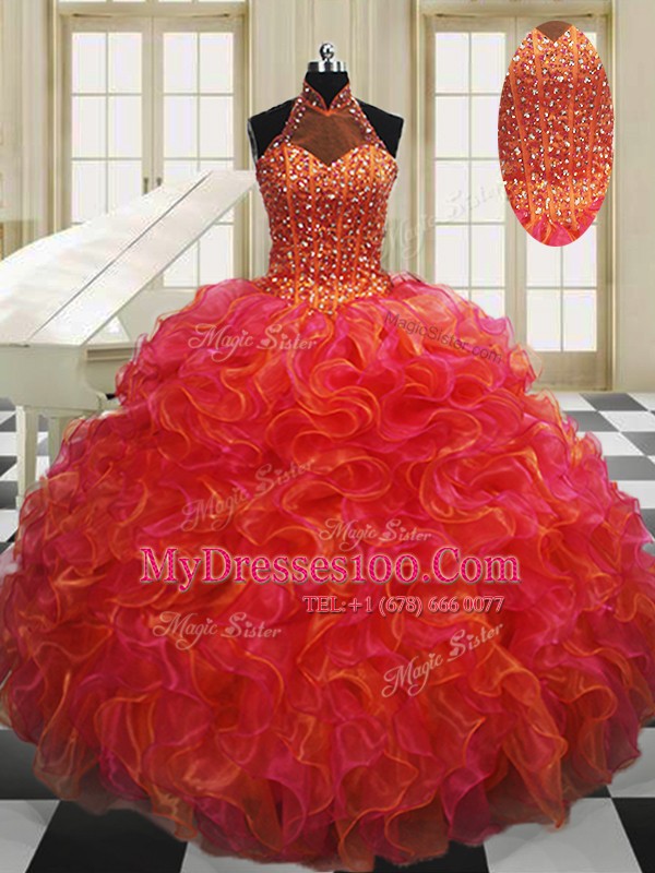 Exquisite Halter Top Multi-color Sleeveless Organza Lace Up Sweet 16 Dress for Military Ball and Sweet 16 and Quinceanera