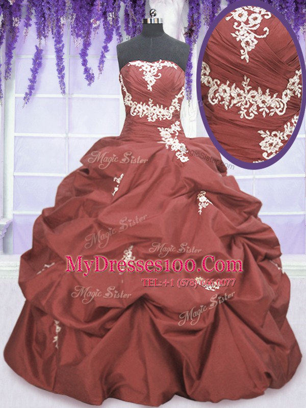 Rust Red Strapless Lace Up Appliques and Pick Ups Ball Gown Prom Dress Sleeveless