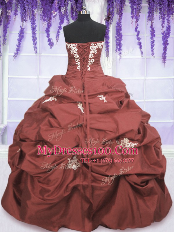 Rust Red Strapless Lace Up Appliques and Pick Ups Ball Gown Prom Dress Sleeveless