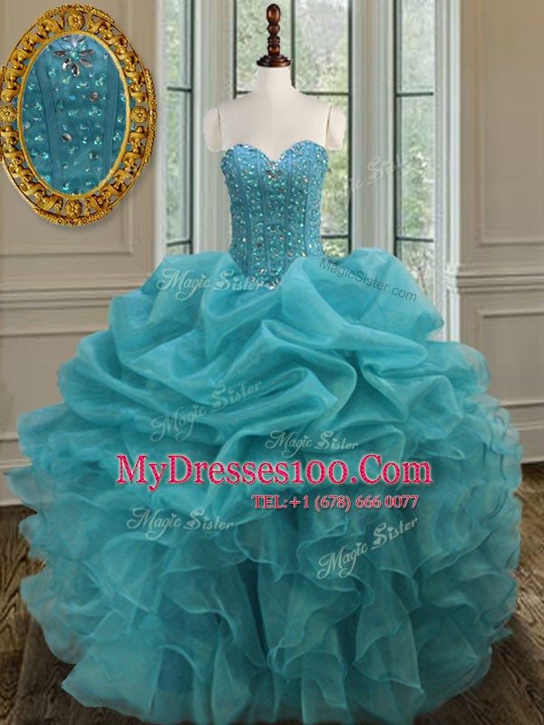 Clearance Aqua Blue Ball Gowns Organza Sweetheart Sleeveless Beading and Ruffles Floor Length Lace Up 15 Quinceanera Dress