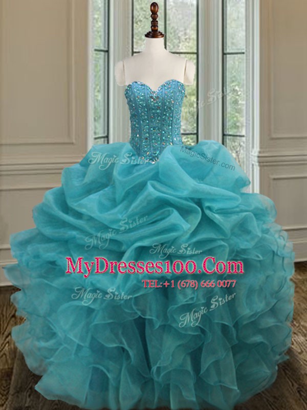 Clearance Aqua Blue Ball Gowns Organza Sweetheart Sleeveless Beading and Ruffles Floor Length Lace Up 15 Quinceanera Dress