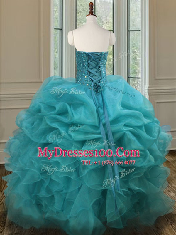 Clearance Aqua Blue Ball Gowns Organza Sweetheart Sleeveless Beading and Ruffles Floor Length Lace Up 15 Quinceanera Dress