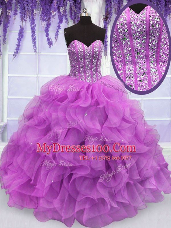 Beading and Ruffles Quince Ball Gowns Lilac Lace Up Sleeveless Floor Length
