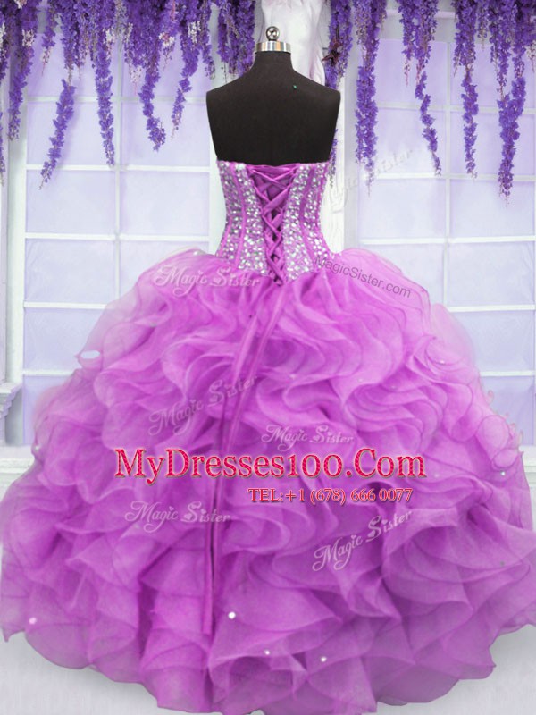 Beading and Ruffles Quince Ball Gowns Lilac Lace Up Sleeveless Floor Length
