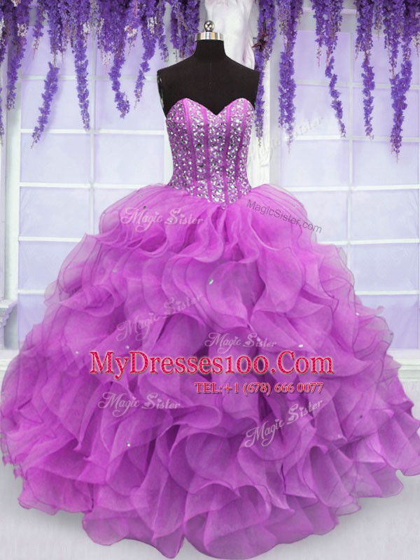 Beading and Ruffles Quince Ball Gowns Lilac Lace Up Sleeveless Floor Length