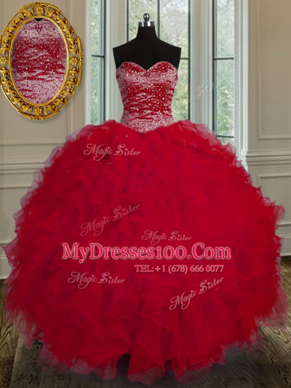 Sweetheart Sleeveless Quince Ball Gowns Floor Length Beading and Ruffles Red Tulle