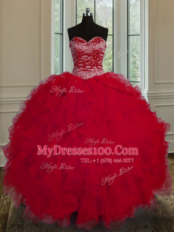 Sweetheart Sleeveless Quince Ball Gowns Floor Length Beading and Ruffles Red Tulle