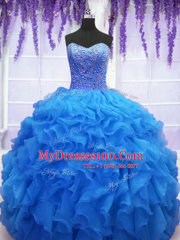 Dramatic Sweetheart Sleeveless Lace Up Sweet 16 Dress Royal Blue Organza