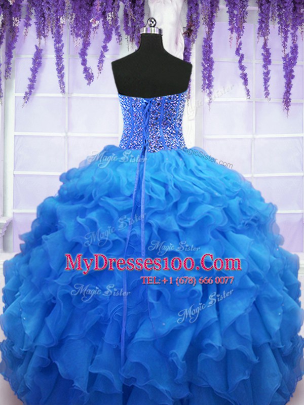 Dramatic Sweetheart Sleeveless Lace Up Sweet 16 Dress Royal Blue Organza