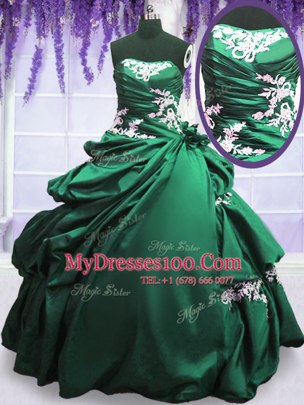 Taffeta Strapless Sleeveless Lace Up Appliques and Pick Ups Ball Gown Prom Dress in Green and Dark Green