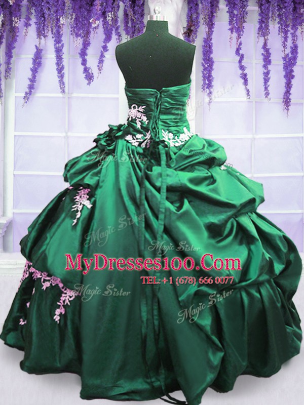 Taffeta Strapless Sleeveless Lace Up Appliques and Pick Ups Ball Gown Prom Dress in Green and Dark Green