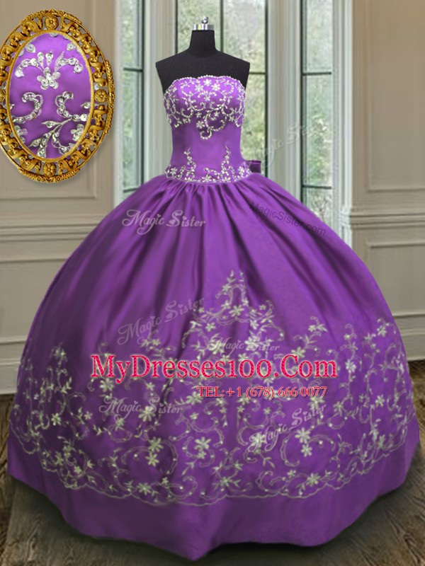 Eggplant Purple 15th Birthday Dress Military Ball and Sweet 16 and Quinceanera and For with Embroidery Strapless Sleeveless Lace Up