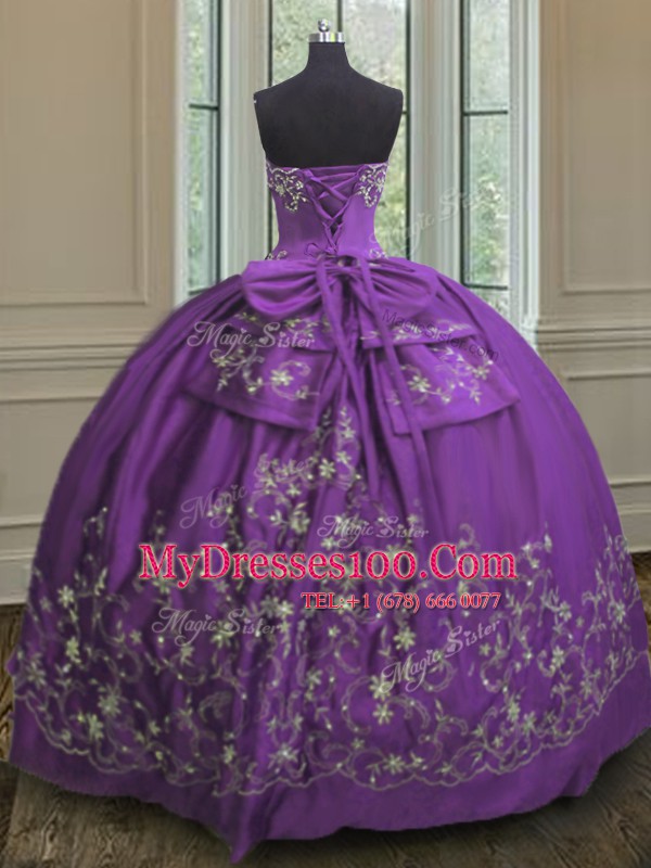 Eggplant Purple 15th Birthday Dress Military Ball and Sweet 16 and Quinceanera and For with Embroidery Strapless Sleeveless Lace Up