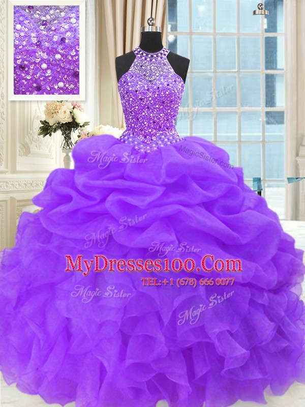 Spectacular Purple High-neck Lace Up Beading and Pick Ups Ball Gown Prom Dress Sleeveless