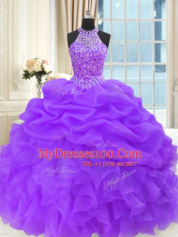 Spectacular Purple High-neck Lace Up Beading and Pick Ups Ball Gown Prom Dress Sleeveless