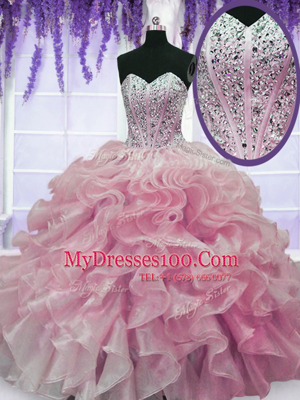 Rose Pink Organza Lace Up Sweetheart Sleeveless Floor Length Ball Gown Prom Dress Beading and Ruffles