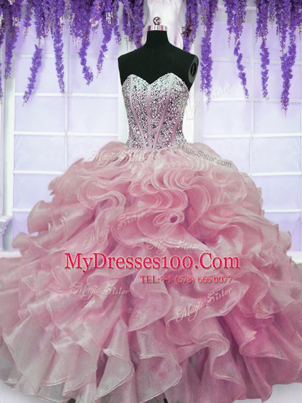 Rose Pink Organza Lace Up Sweetheart Sleeveless Floor Length Ball Gown Prom Dress Beading and Ruffles