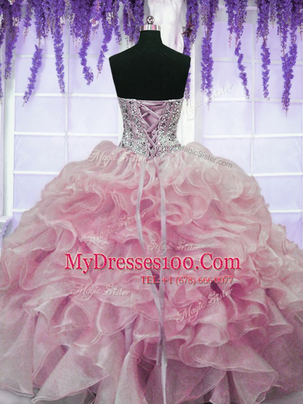 Rose Pink Organza Lace Up Sweetheart Sleeveless Floor Length Ball Gown Prom Dress Beading and Ruffles