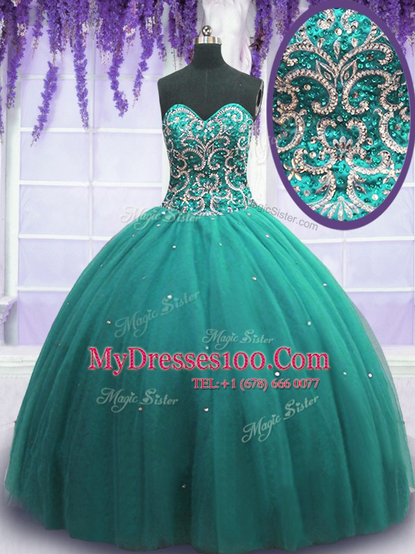 Turquoise Quinceanera Gown Military Ball and Sweet 16 and Quinceanera and For with Beading Sweetheart Sleeveless Lace Up