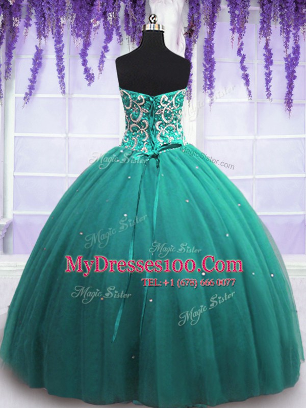 Turquoise Quinceanera Gown Military Ball and Sweet 16 and Quinceanera and For with Beading Sweetheart Sleeveless Lace Up
