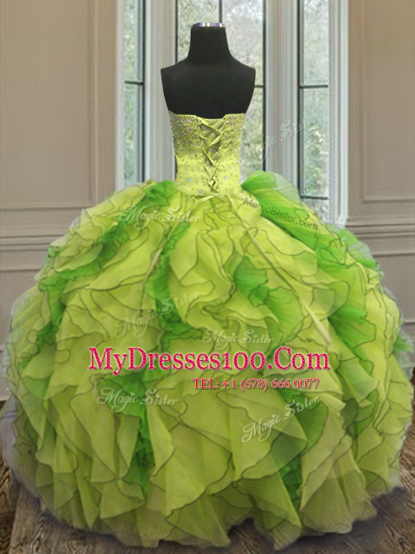 Modest Multi-color 15th Birthday Dress Military Ball and Sweet 16 and Quinceanera and For with Beading and Ruffles Strapless Sleeveless Lace Up