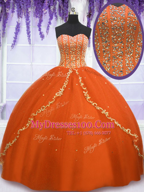 Fine Beading Sweet 16 Quinceanera Dress Orange Red Lace Up Sleeveless Floor Length