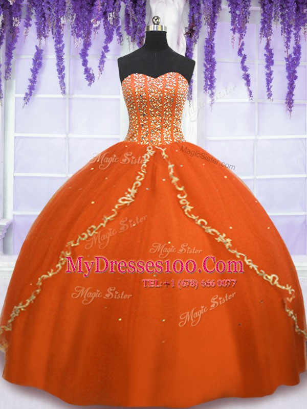 Fine Beading Sweet 16 Quinceanera Dress Orange Red Lace Up Sleeveless Floor Length