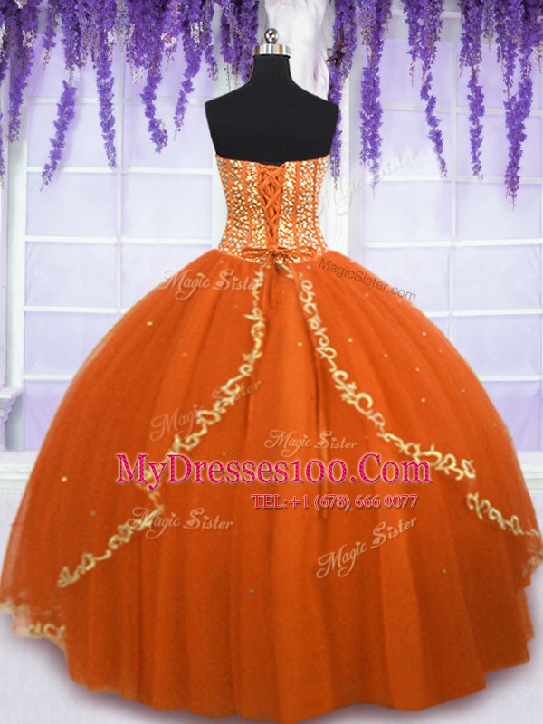 Fine Beading Sweet 16 Quinceanera Dress Orange Red Lace Up Sleeveless Floor Length
