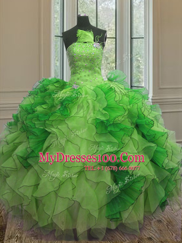 Amazing Strapless Sleeveless Vestidos de Quinceanera Floor Length Beading and Ruffles Multi-color Organza