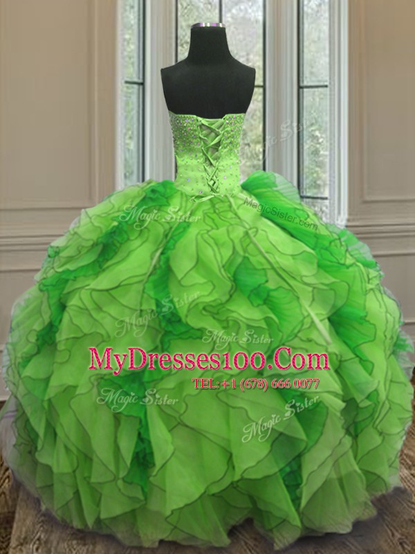 Amazing Strapless Sleeveless Vestidos de Quinceanera Floor Length Beading and Ruffles Multi-color Organza