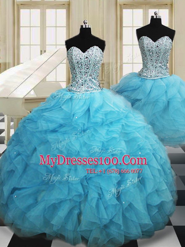 Three Piece Floor Length Baby Blue Quinceanera Gowns Organza Sleeveless Beading and Ruffles