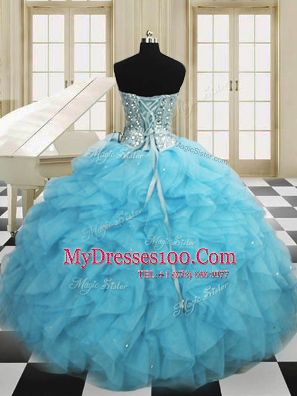 Three Piece Floor Length Baby Blue Quinceanera Gowns Organza Sleeveless Beading and Ruffles