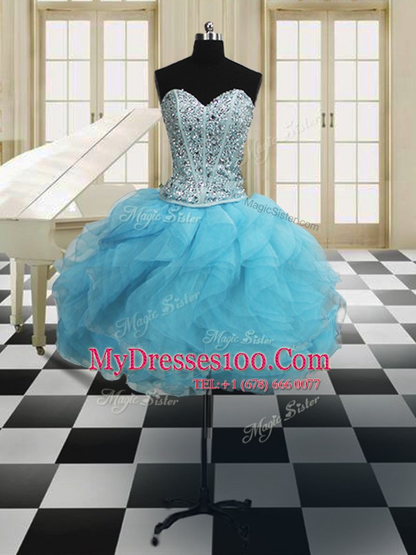Three Piece Floor Length Baby Blue Quinceanera Gowns Organza Sleeveless Beading and Ruffles