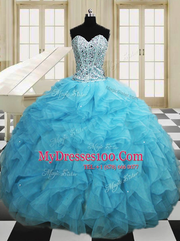 Three Piece Floor Length Baby Blue Quinceanera Gowns Organza Sleeveless Beading and Ruffles