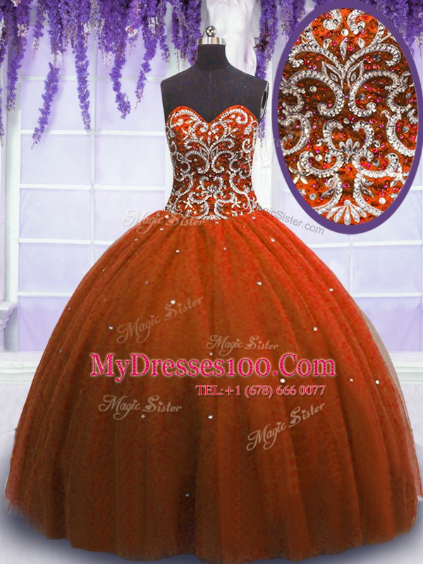 Cute Rust Red Sweet 16 Quinceanera Dress Military Ball and Sweet 16 and Quinceanera and For with Beading Sweetheart Sleeveless Lace Up