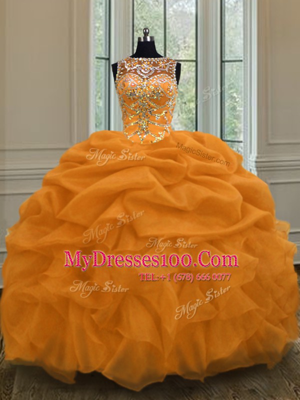Scoop Sleeveless Floor Length Beading and Pick Ups Lace Up Sweet 16 Quinceanera Dress with Gold